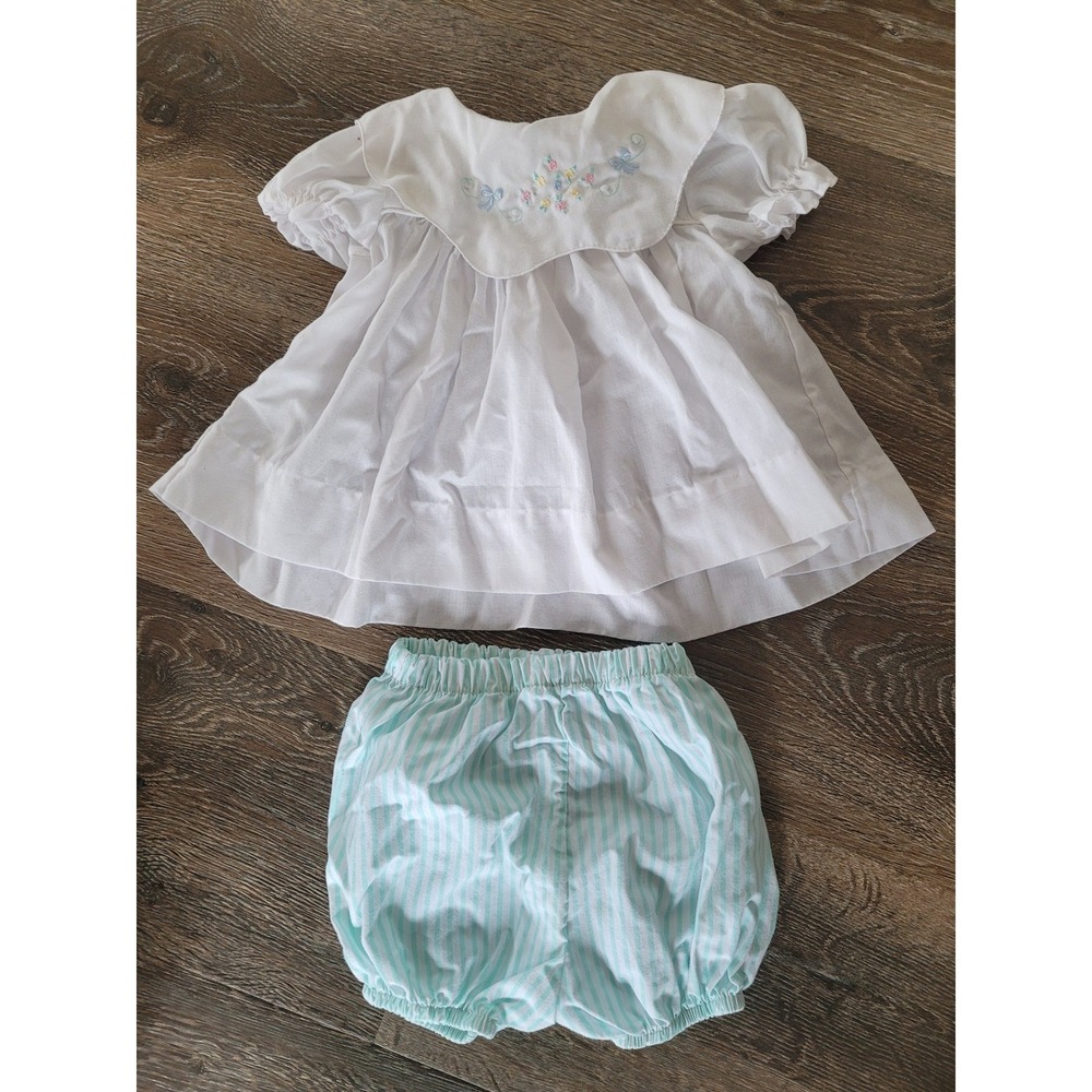 Alexis Vintage Baby Girl White Floral Embroidered Dress Striped Bloomers 0-6 #6‎